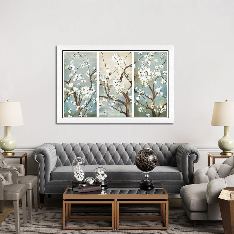 Triptych In Bloom - Painting on Canvas, White Framed, 101.6 cm H x 66.04 cm W