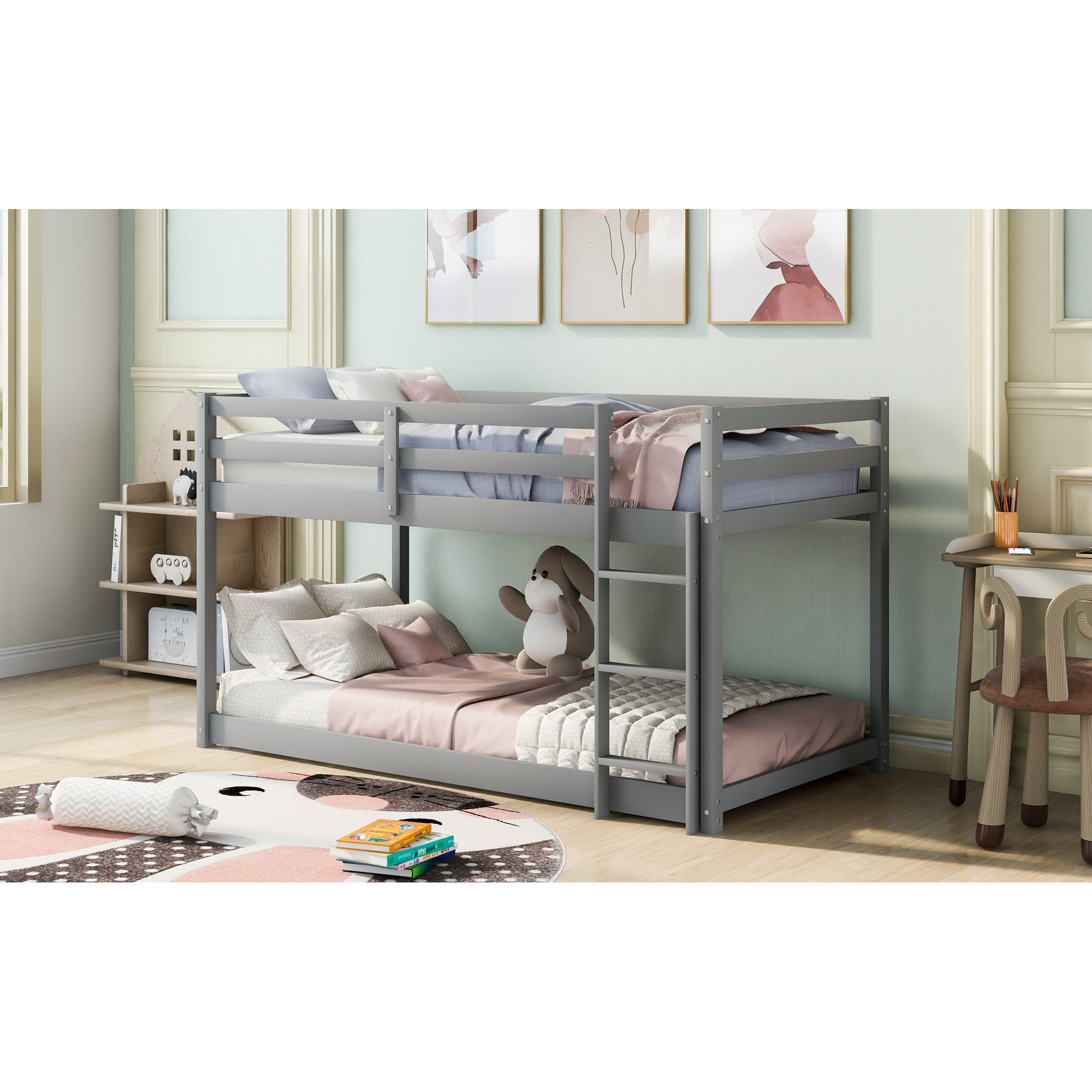 Ophelia & Co. Twin Over Twin Floor Bunk Bed With Ladder , Grey ...