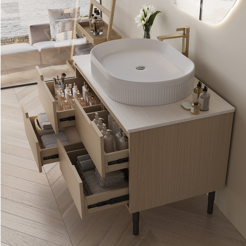 Meuble-lavabo 36 po, autoportant ou mural avec lavabo intégré en céramique, Blanc / bois