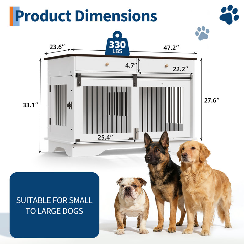 Meuble pour chien 47 po, 2 tiroirs de rangement et cloison amovible 47 po, Blanc