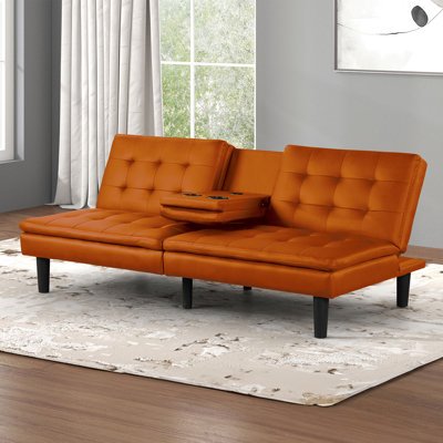 Leatherette Futon Sofa Bed With With Cupholder And USB