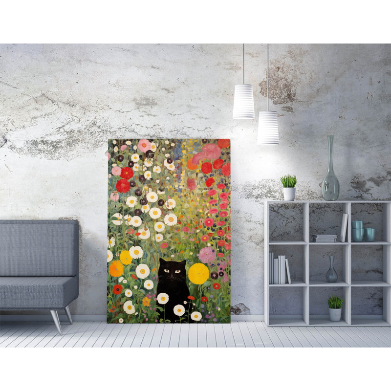 Gustav Klimt Style Cat in Flowery Garden 1 Canvas Wall Art Print Picture, 30.48 cm H x 20.32 cm W