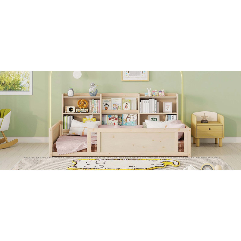 Lit simple pour enfant en bois avec barrière de sécurité et tablettes de rangement latérales, cadre de lit plateforme peu encombrant, naturel