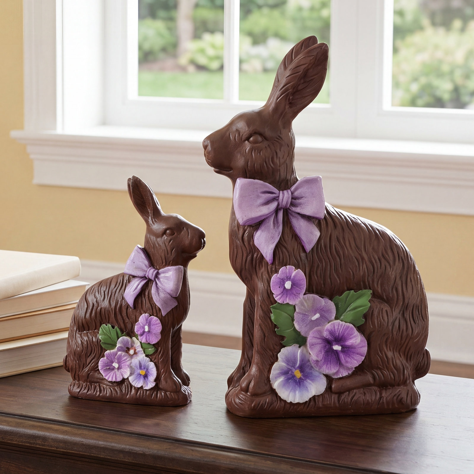 Hughes 2-Piece Bunny with Pansy Figurine Set, Brown
