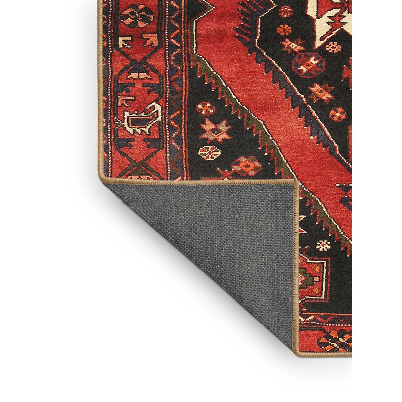 Tapis rouge / noir en laine / polyester tissé à la machine de style Sud-Ouest, Rectangle 5 pi x 8 pi
