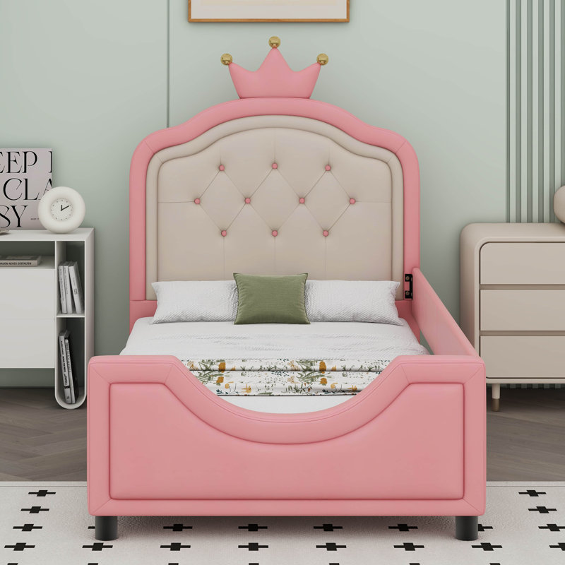Mignon lit de jour simple rembourré en cuir de polyuréthane princesse avec tête de lit capitonnée à boutons