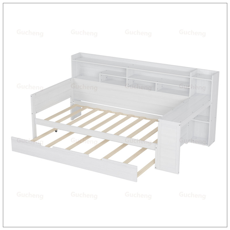 Lit de jour multifonctionnel à tablettes avec lit gigogne et bureau pour une vie compacte et une productivité accrue, Blanc