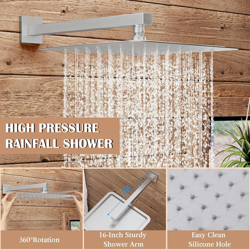 Shower Faucet Set Brushed Nickel 12 inch Rain Shower Head Combo System with Valve