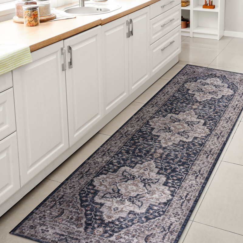Tapis bleu marine / gris Sarok Boho Medallion, Tapis de couloir 2 pi x 8 pi