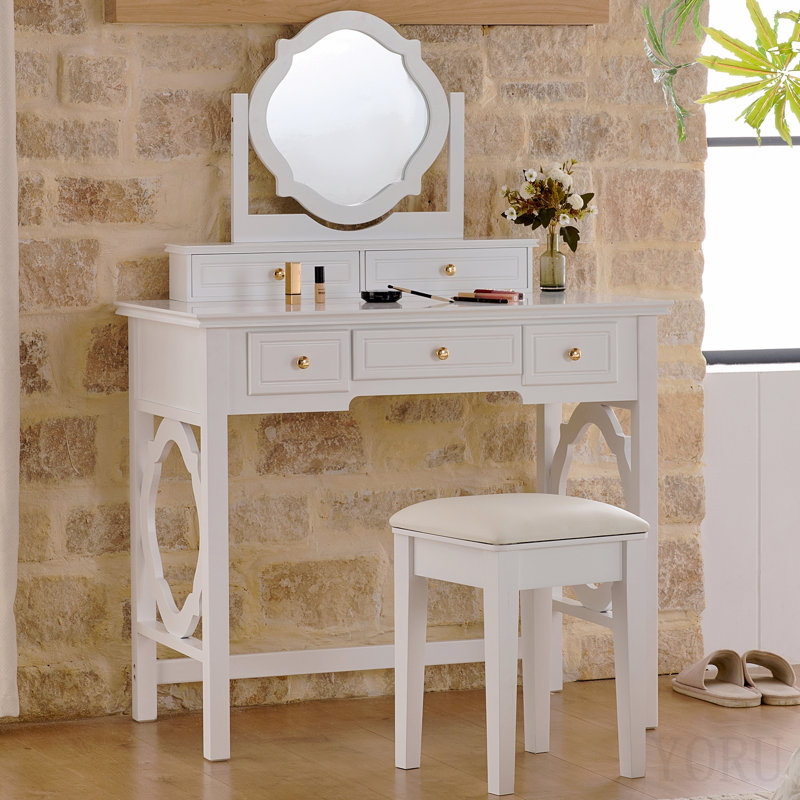 Coiffeuse compacte avec miroir réversible, coiffeuse avec tabouret, coiffeuse compacte pour petits espaces, blanc