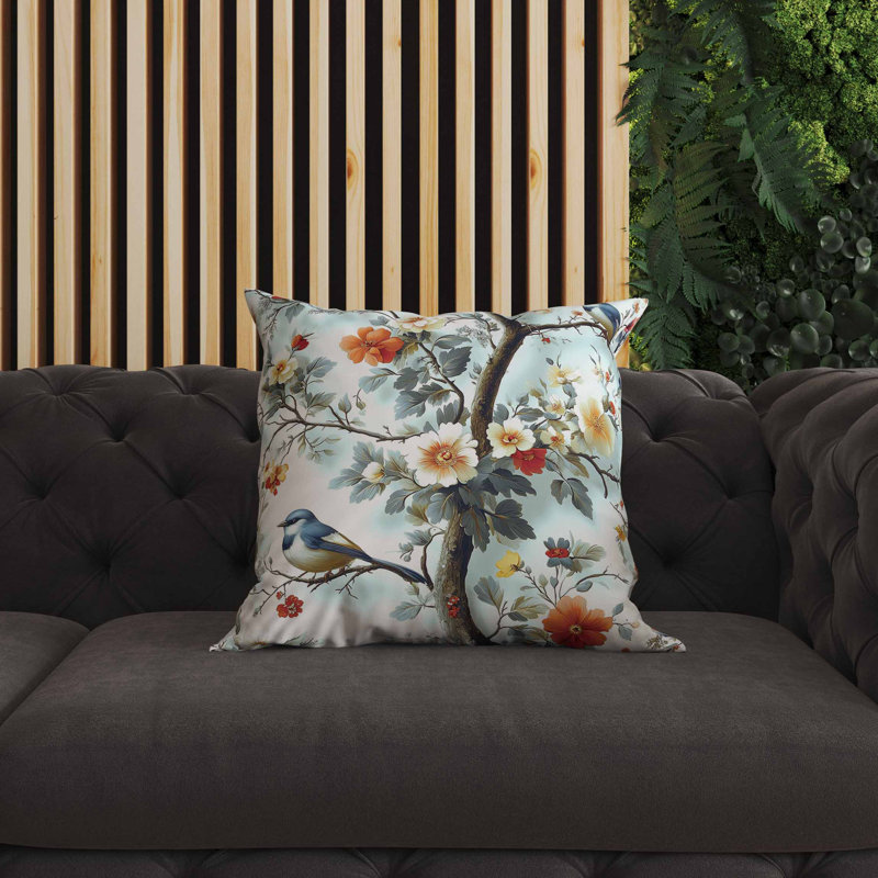 Coussin intérieur / extérieur Deux oiseaux et fleurs, Blue, Carré 18 po