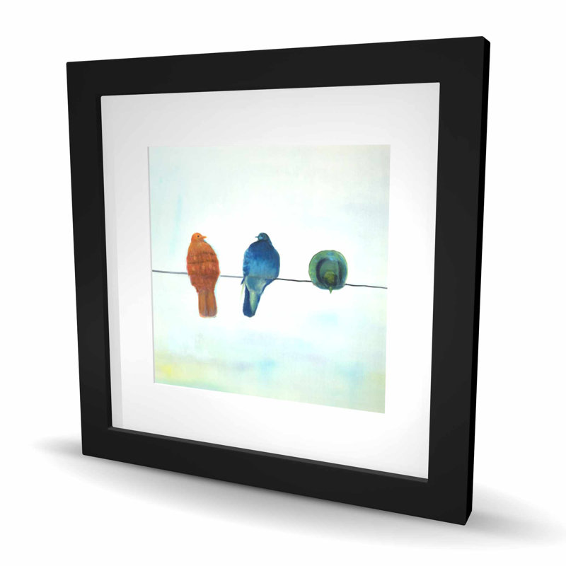 Oiseaux abstraits perchés - reproduction encadrée avec passe-partout | Décoration intérieure, H 16 po x l 16 po, Noir
