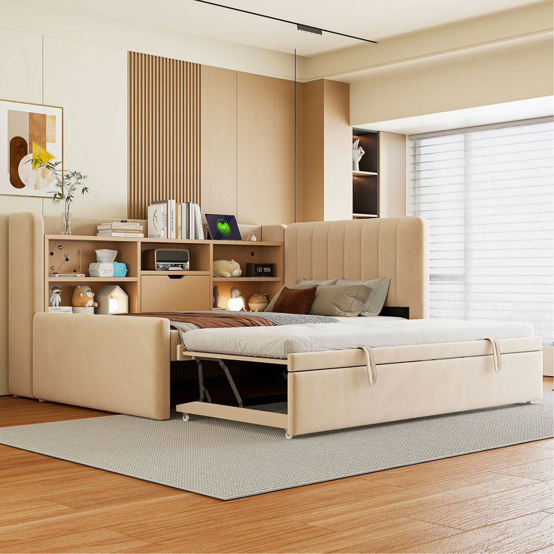 Twin Size Upholstered Daybed With Trundle, Storage Shelves, USB & Outlet (Beige), Beige