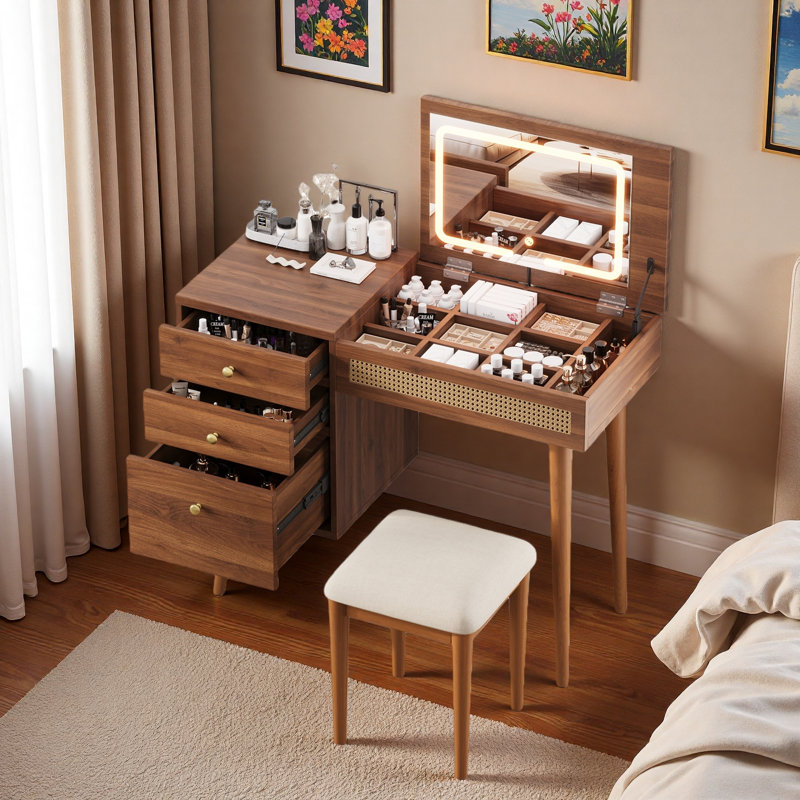 Bureau rétro avec miroir et lumières à DEL, plateau de table rabattable, 3 tiroirs et 10 compartiments