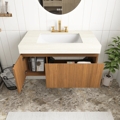 Meuble-lavabo de 36 pouces avec lavabo, plateau en pierre frittée Roma Travertine et vasque en céramique avec 3 trous de robinet pré-percés, armoire de rangement en contreplaqué flottant avec tiroir et porte, pré-assemblé