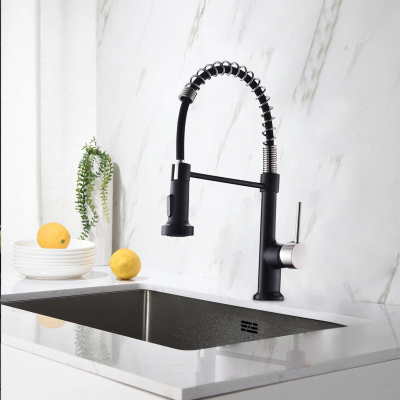 PENGFANG WORLDWIDE LLC Pull Down Kitchen Faucet, Black/Brushed Nickel