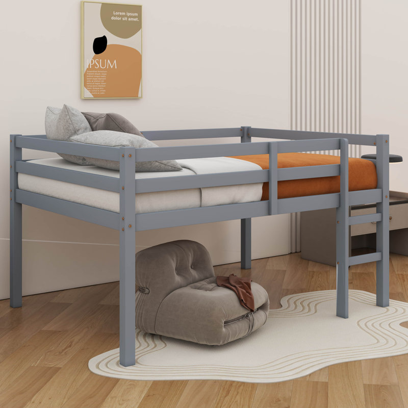 Structure de lit double, lit mezzanine en bois d'hévéa compact avec marches, Gris