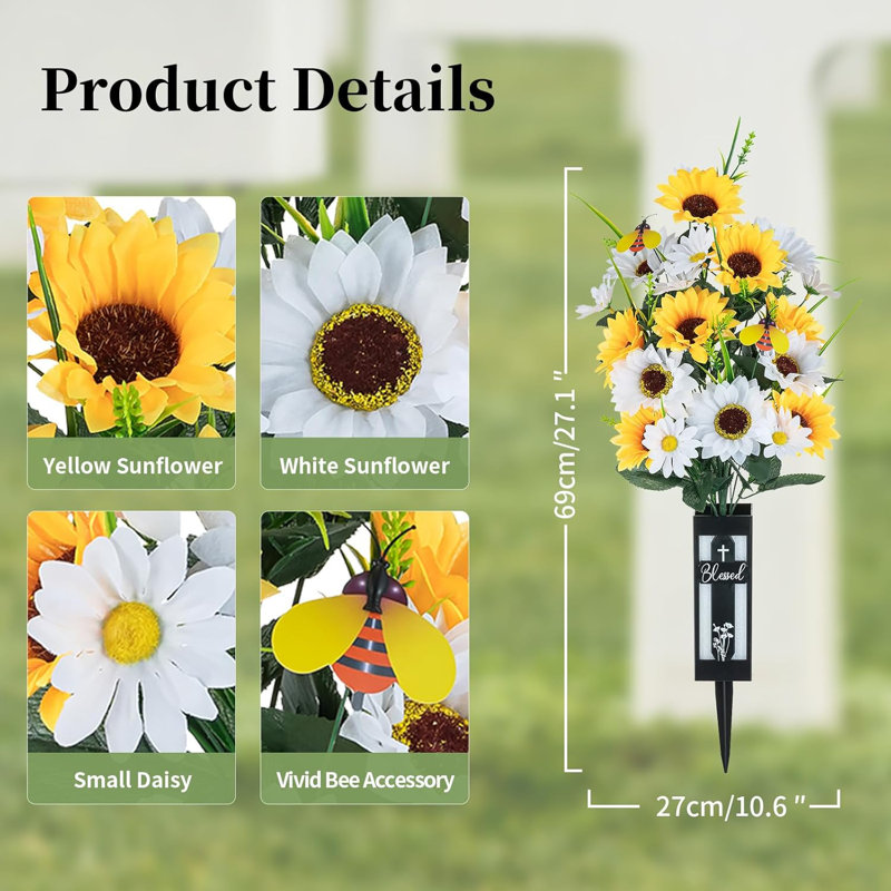 Fleurs de cimetière artificielles pour la tombe: 2 bouquets de fleurs de tournesol jaune et blanc pour décorations de cimetière - Fleurs de tombes d'extérieur avec vase