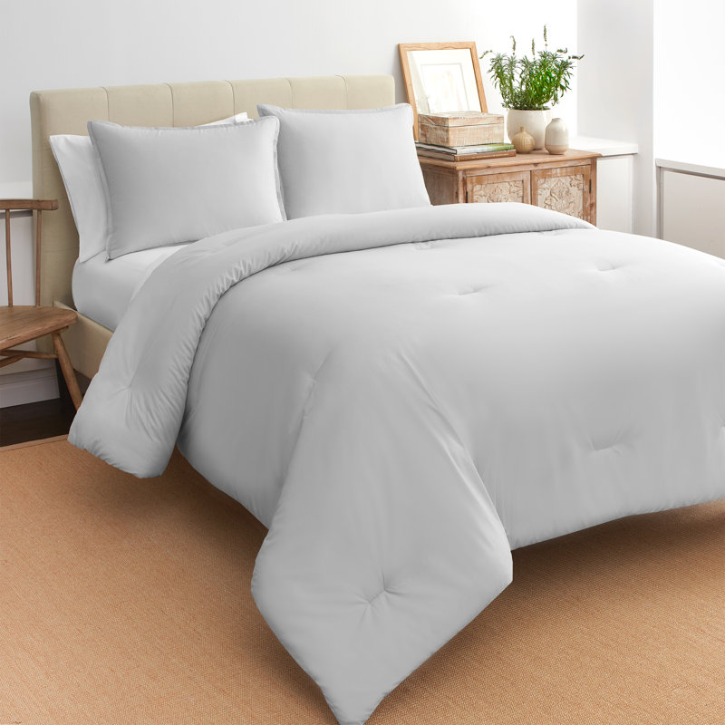 Reversible Percale Cotton Comforter Set, King Comforter + 2 King Shams, Gray