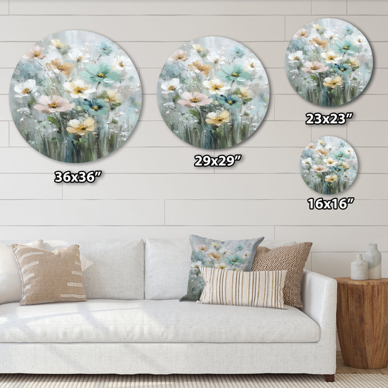 Fleurs jaunes et bleues en fleurs - Décoration murale ronde florale en métal, L 36 po x H 36 po