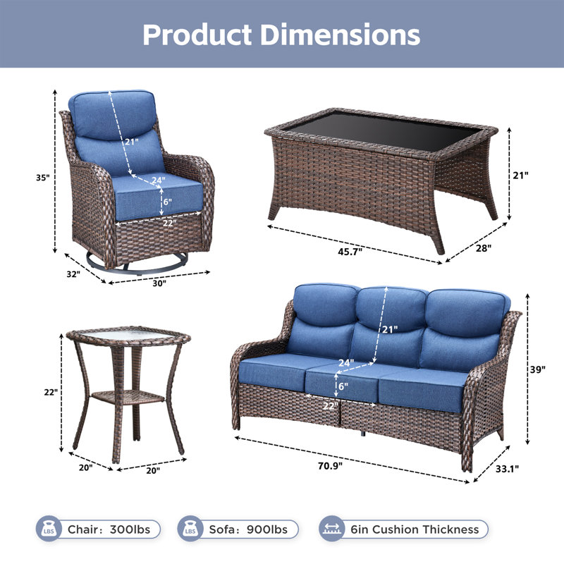Ensemble 5 pièces de canapé de patio et de chaises pivotantes en osier avec table basse, Bleu, Brun