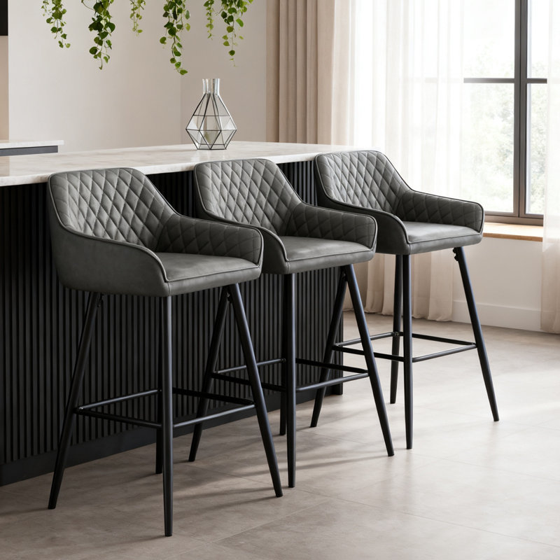 Upholstered Counter Stool, Faux Leather, Dark Grey
