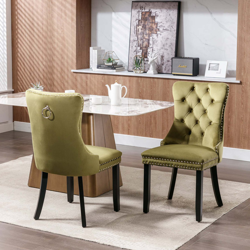 Chaise rembourrée capitonnée en velours de bois massif, Velours vert olive