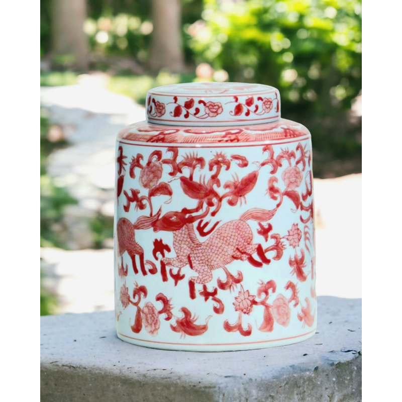 10" Porcelain Ginger Jar with Chinoiserie Deer Design, Red/White