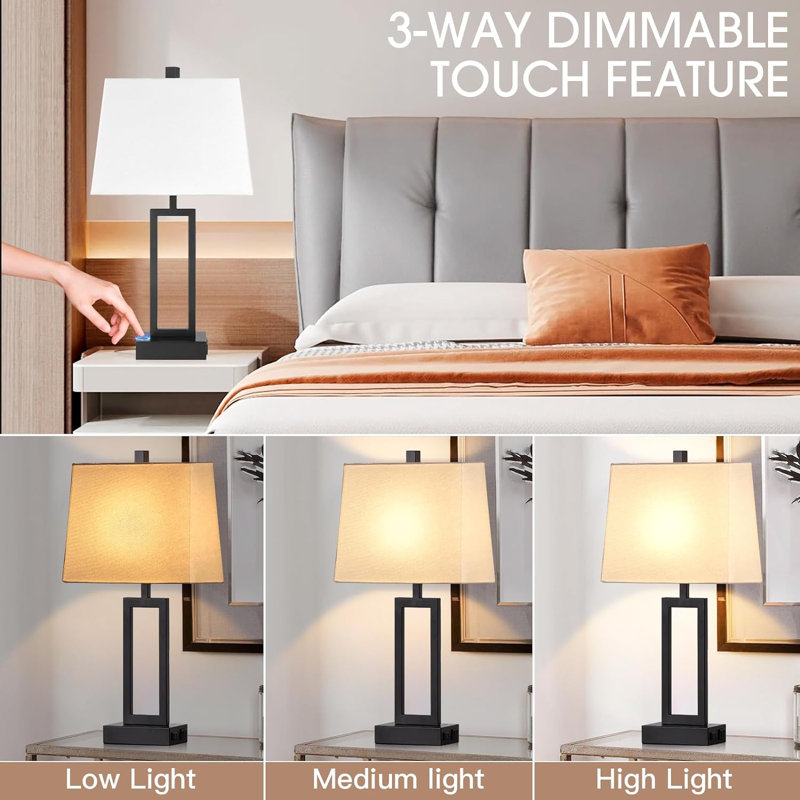 23.5" Black Metal Touch Control Table Lamps with White Linen Shade, Set of 2