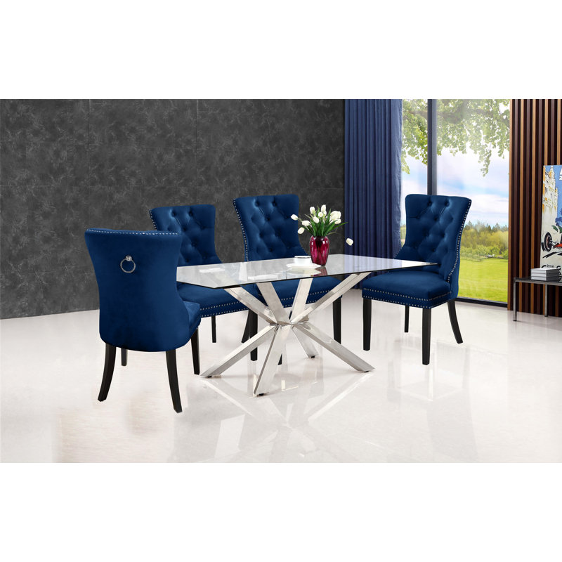 Chaise d'appoint rembourrée en velours capitonné Stonefort, Velours bleu marine