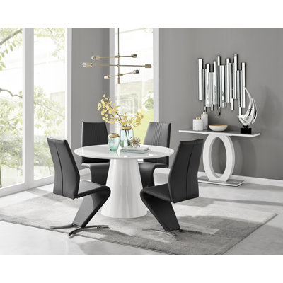 Edzard Statement Pedestal Round Dining Table Set & 4 Luxury Faux Leather Dining Chairs