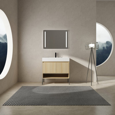 Ensemble de meuble-lavabo 36 po avec lavabo simple en résine, ensemble d'armoires de rangement modernes 2 portes, bois massif multicouche