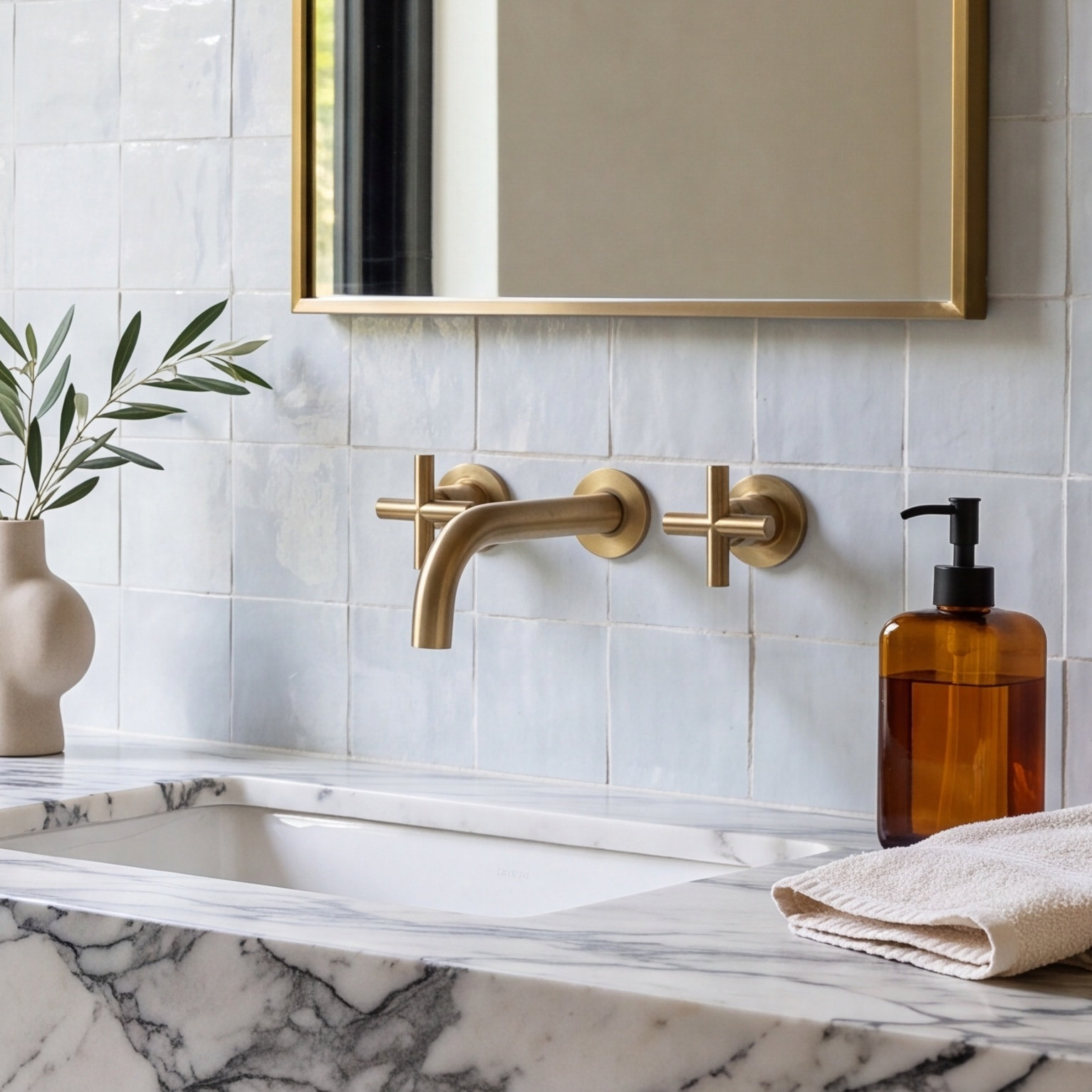 Purist Wall-Mounted Bathroom Sink Faucet, Vibrant Brushed Moderne Brass, Cross Handle