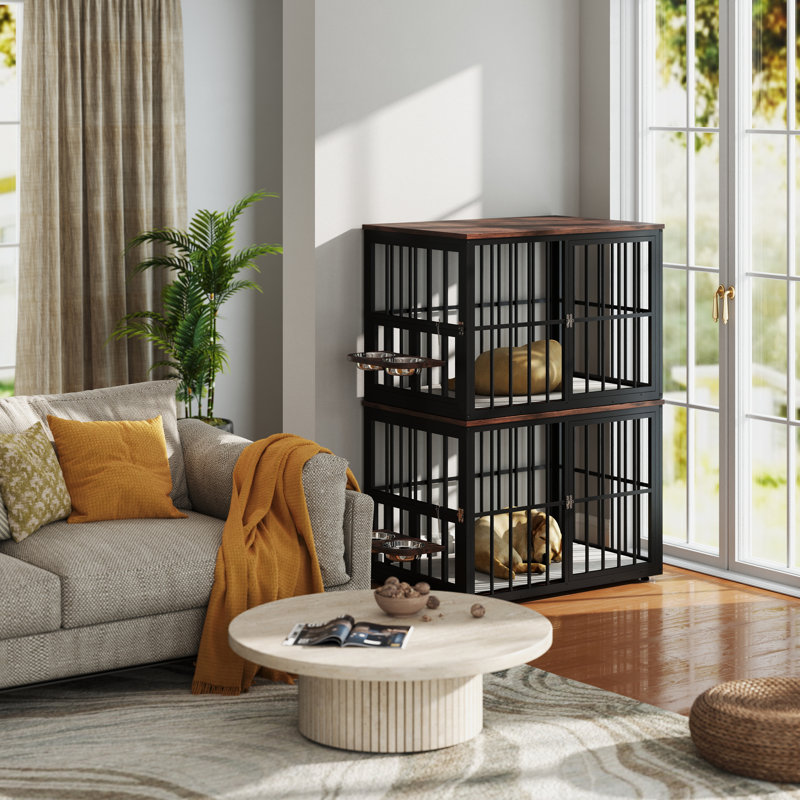 Gurmukh Corner Dog Crate Furniture with Divider and Bowls, 27.1" H x 77.6" W x 25.2" D, Brown