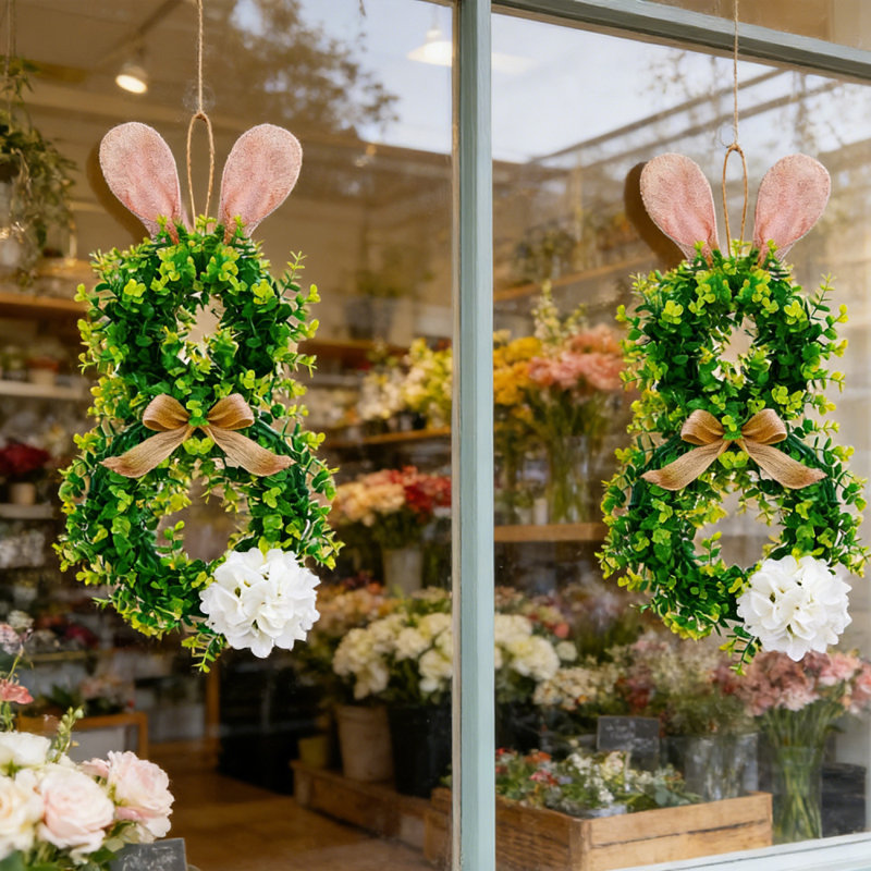 2 pièces couronne de lapin de Pâques pour porte d'entrée Oreilles de lapin mignonnes verdure artificielle couronne de buis avec nœud en lin et hortensia blanc pour porte
