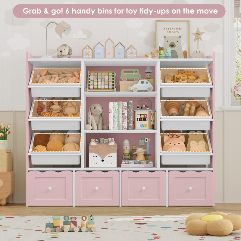 🧸 55"W x 48"H Multi-Functional Kids Organizer: 4-Drawer Toy Storage & Bookshelf with 6 Removable Bins, Pink/White