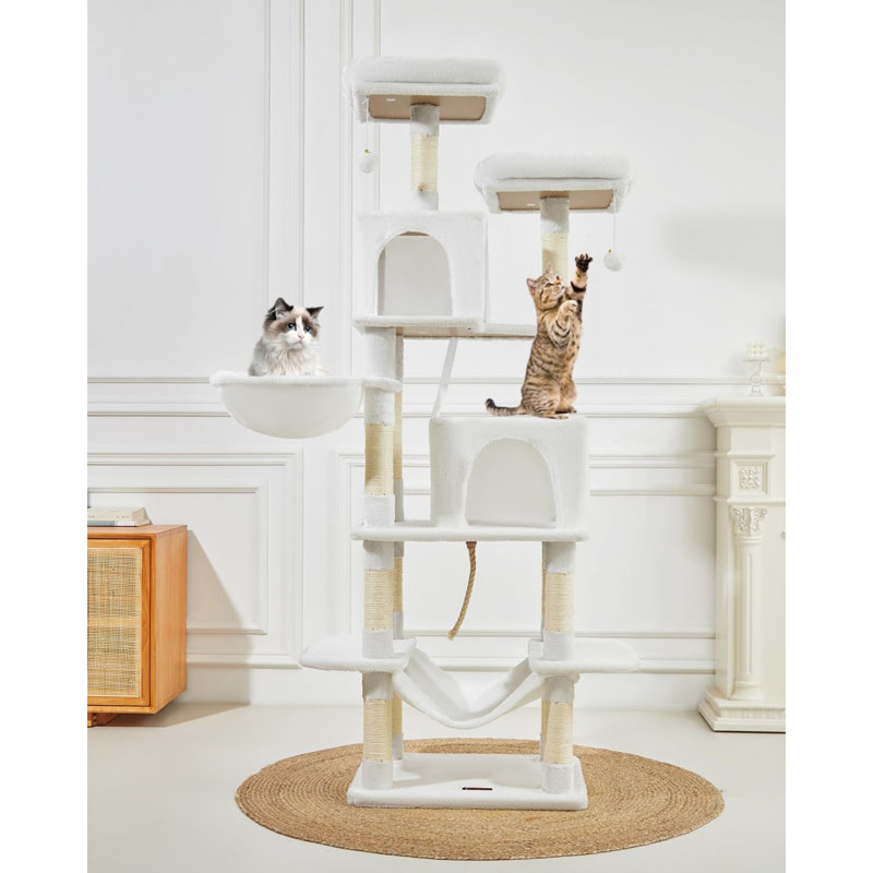 Cat Tree, 71.7-Inch Cat Tower For Indoor Cats, Plush Multi-Level Cat Condo With 13 Scratching Posts, 2 Perches, 2 Caves, Hammock, 2 Pompoms, Cream White MS013LC