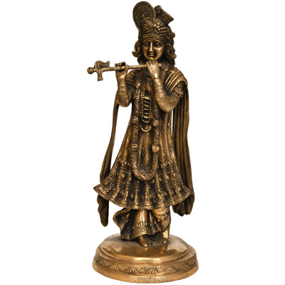 13" Lord Krishna Flute Player Brass Sculpture - Handcrafted Murlidhar Standing Deity Hindu Religious Home Decor Art