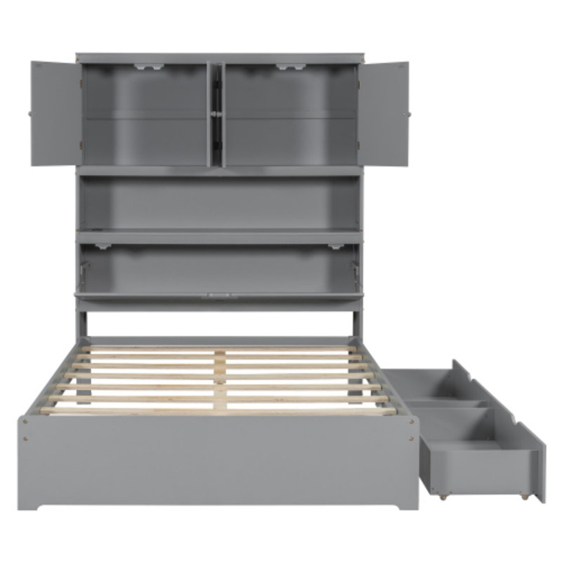 Lit plateforme double en bois, gris