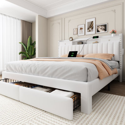 Full size white velvet upholstered platform bed frame with 4 drawers and open storage headboard, built-in USB & Type-C charging station, no box spring needed, 30-minute easy assembly