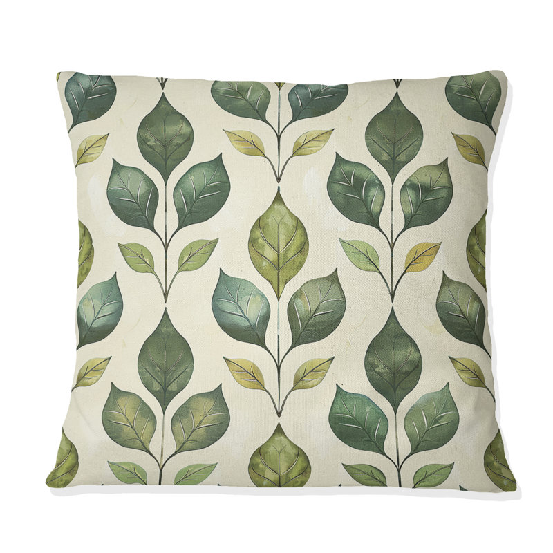 Vert, beige, motif de feuilles de treillis II - coussin décoratif moderne, H 16 po x l 16 po
