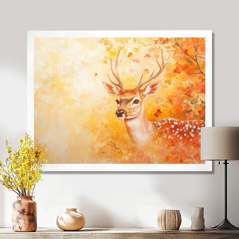 Cerf dans un feuillage d'automne - art mural cerf, H 34 po x l 44 po, Reproduction encadrée d'une seule photo sans pass
