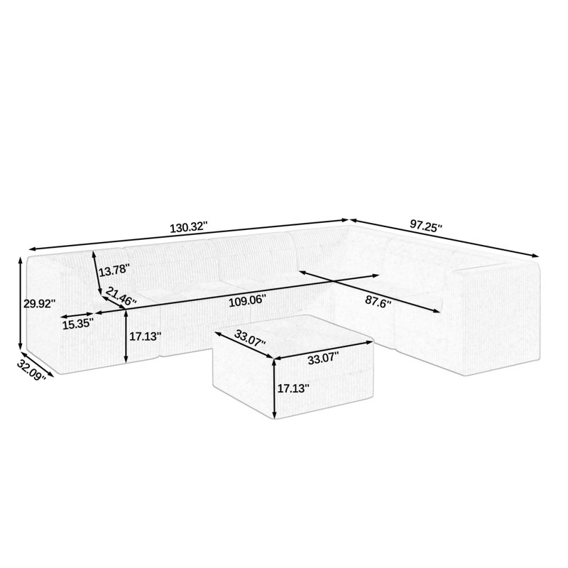 Canapé modulaire Boneless, Tissu noir, H 29,97 po x l 130,37 po x P 97,3 po