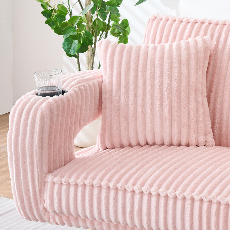 74" Mid-Century Modern Channel Tufted Sofa With Built-In Cup Holders,Pink, Pink