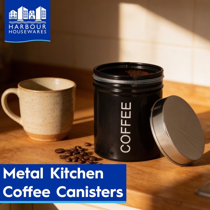Harbour Housewares - Round Metal Kitchen Coffee Canister, Black, 12.7cm H x 9.5cm W x 9.5cm D
