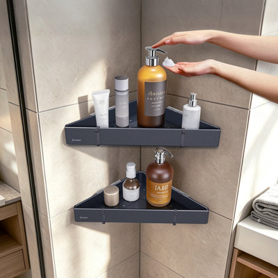 Corner Shower Shelves with Hooks, 2-Tier Triangular Metal Shower Corner Caddy for Bathroom Toilet Kitchen Organizer