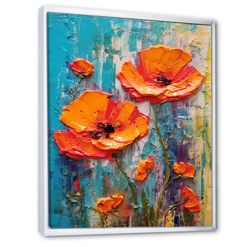 «Blossoming Red Poppes On Teal Sky I», reproduction sur toile, H 32 po x l 24 po x P 1 po, Cadre flottant blanc