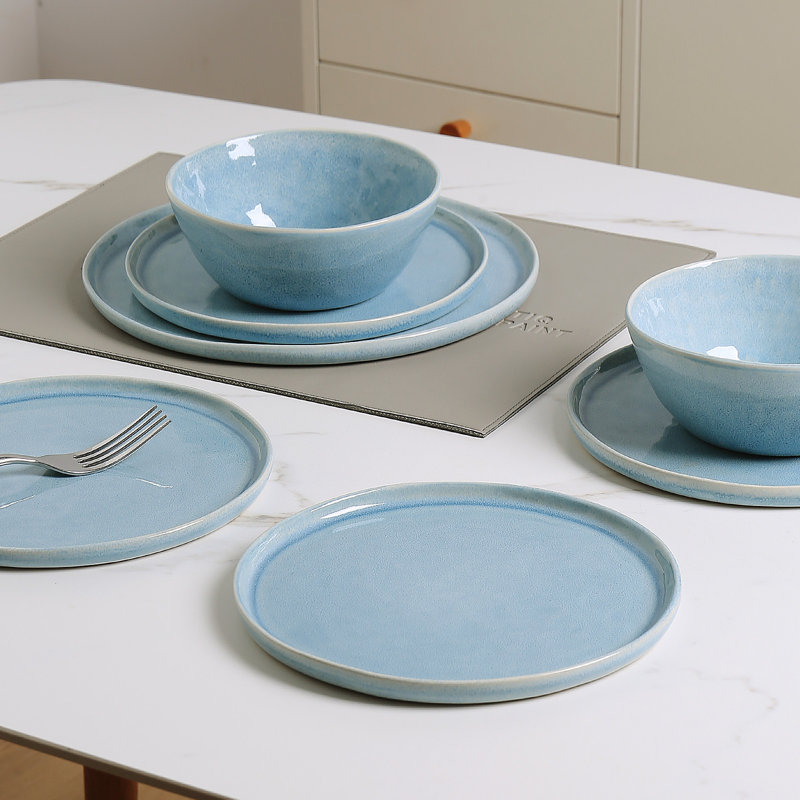 Services de vaisselle en grès 12 pièces Farrar Water Ripple Design, service pour 4, Bleu