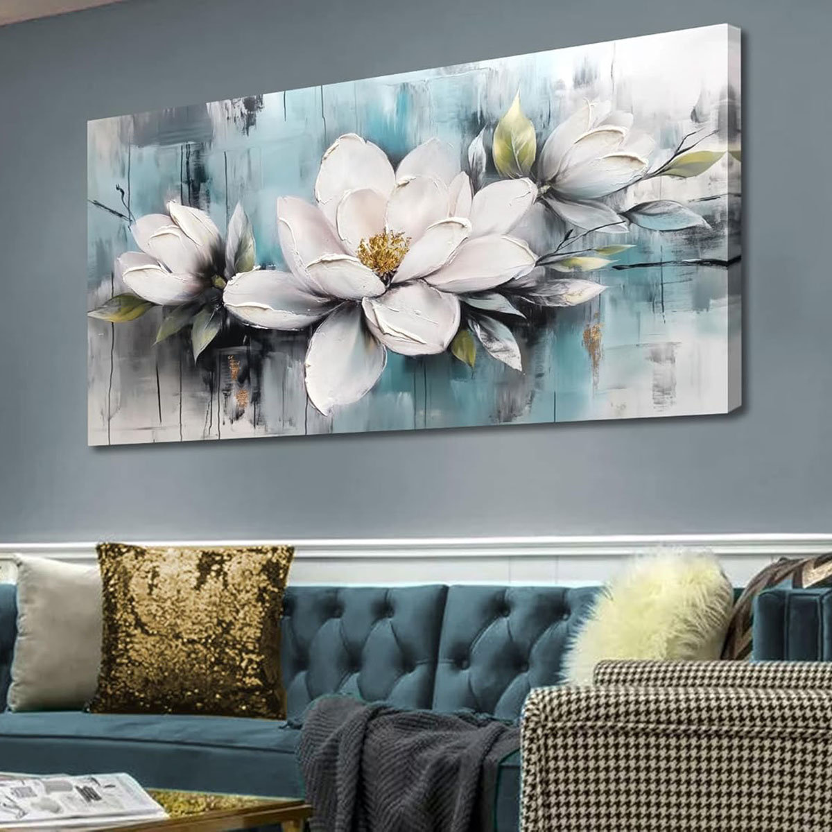 Dakota Fields Wall Art For Living Room, Large White Floral Canvas Wall ...