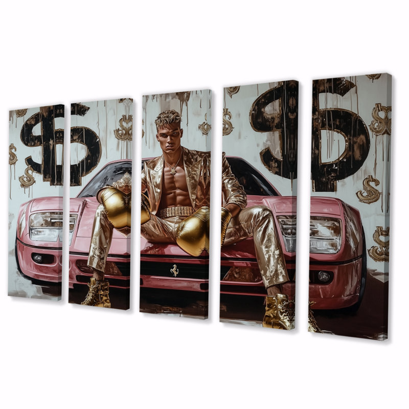 All Gold Everything Male Boxer On Exotic Car - Boss Man Canvas Art Set, 28" H x 60" W